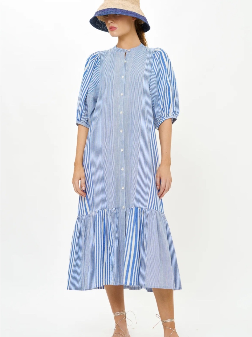 Oliphant Blue and White Striped Mother of Pearl Button-Down Midi Dress
